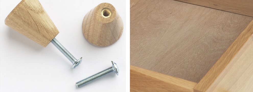 Metal inserts for handles and solid wood drawers