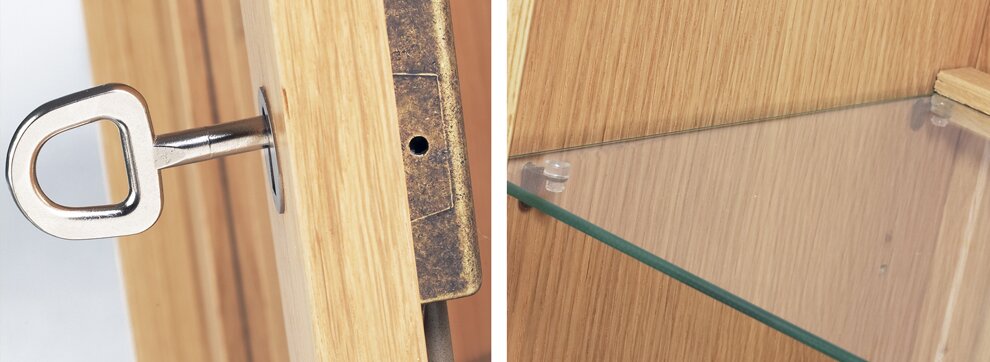 Lockable display cabinets and adjustable toughened glass shelves